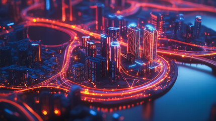 Obraz premium Smart digital Innovation city with connection network reciprocity over the cityscape. of future smart wireless digital city and social media networking systems that connects people with in city