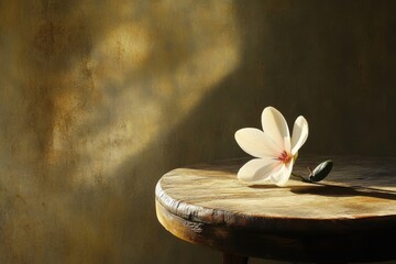 Magnolia Blossom Rests On Wooden Table Against Warm Background