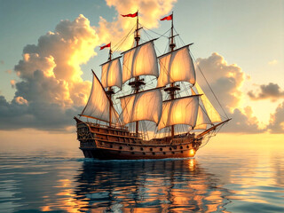 A grand wooden sailing ship journeys through tranquil seas at dusk, with billowing sails catching the sunlight, surrounded by seagulls and a serene, glowing horizon stretching into the distance.