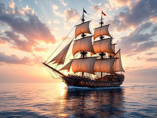 A grand wooden sailing ship journeys through tranquil seas at dusk, with billowing sails catching the sunlight, surrounded by seagulls and a serene, glowing horizon stretching into the distance.
