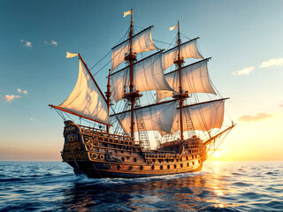 A grand wooden sailing ship journeys through tranquil seas at dusk, with billowing sails catching the sunlight, surrounded by seagulls and a serene, glowing horizon stretching into the distance.