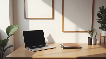 Sunlit workspace: Laptop, notebooks, plants, and minimalist framed art create a calm and productive atmosphere.