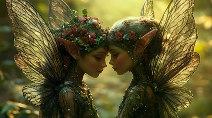 Fotobehang Feeën en elfen Twin Fairies in Enchanted Forest: A Fantasy Art  © Infinity