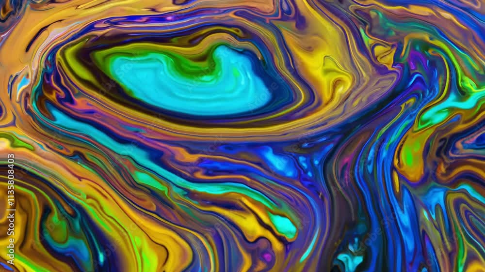 Poster cinematic video captures oil slick texture with flowing psychedelic patterns and dynamic lighting re