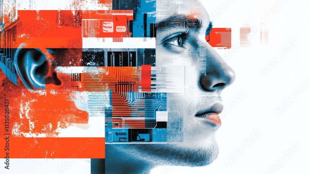 Poster futuristic tech-inspired collage: a dynamic digital composition of tech icons and circuit board elem