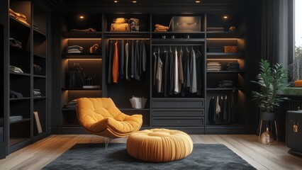 Stylish modern closet with organized clothing and vibrant decor