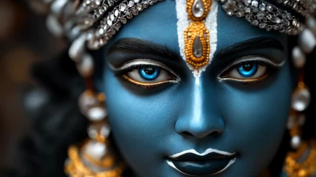 Closeup portrait of Hindu god Lord Krishna with blue skin and traditional jewelry. Krishna Janmashtami, Govardhan Puja, Vishu Kani. Indian religious festival