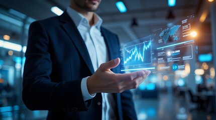 Businessman analyzing digital stock market data, global finance trends visualized on holographic interface.