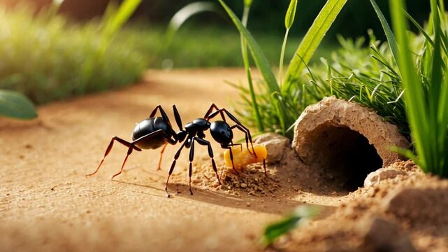 a black ant carries food into the ant's nest
