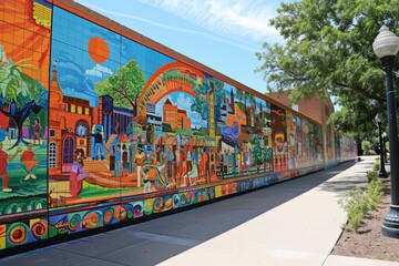 Fototapeta premium A long, colorful mural depicting the history of a university with buildings and people A colorful mural depicting the university's history