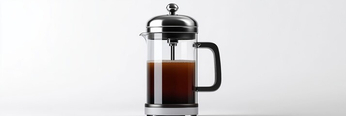 A modern 3D icon of a French press with freshly brewed coffee inside, against a white background