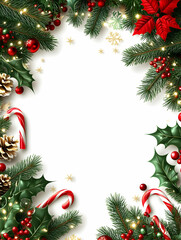 Festive Christmas border with holly, pine, candy canes, and poinsettia.
