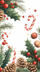 Festive Christmas border with holly, pine, candy canes, and pinecones.