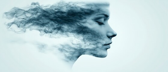 Serene Woman s Face Abstract Art  Smoke   Mystical Portrait  Dreamy  Peaceful  Blue  Grey