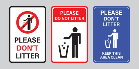 Set of sticker signs for site outdoor. Poster with text - please do not litter, keep your work area clean. please do not throw rubbish, motivational phrase or warning signs.