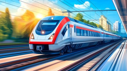 Naklejka premium Futuristic High-Speed Train Racing Through Modern Landscape Illustrating Efficient Rail Travel Power
