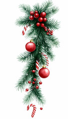 Festive Christmas garland with pine, berries, candy canes, and ornaments.