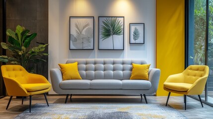 Fototapeta premium Modern living room interior with a grey sofa, yellow armchair, yellow wall, and white background. Stylish and contemporary home decor design, ideal for artwork mockups or product advertising