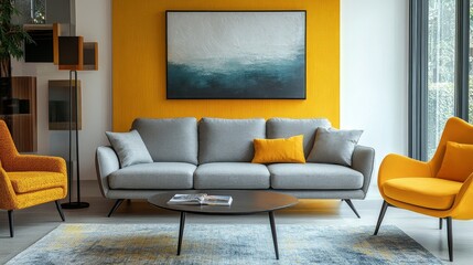 Fototapeta premium Modern living room interior with a grey sofa, yellow armchair, yellow wall, and white background. Stylish and contemporary home decor design, ideal for artwork mockups or product advertising