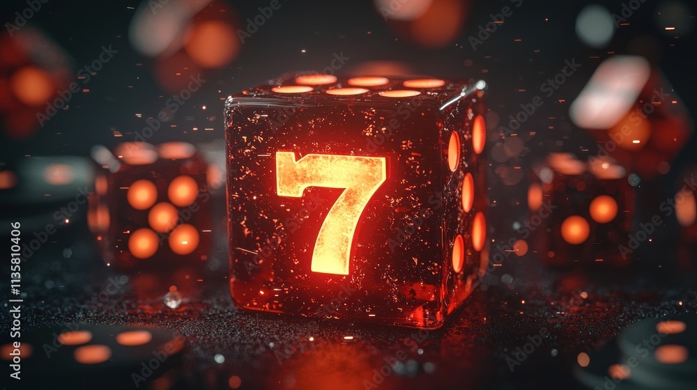 Poster a graphic with the lucky number 7 highlighted in bold, surrounded by dice and playing cards.