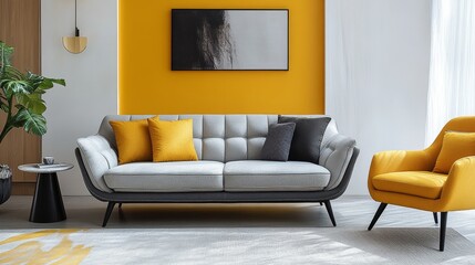 Fototapeta premium Modern living room interior with a grey sofa, yellow armchair, yellow wall, and white background. Stylish and contemporary home decor design, ideal for artwork mockups or product advertising