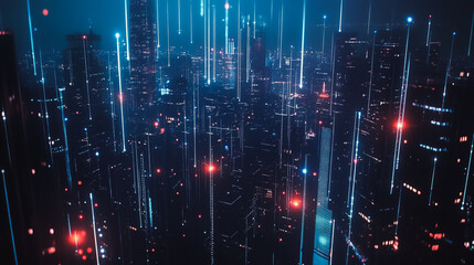 Obraz premium Smart digital Innovation city with connection network reciprocity over the cityscape. of future smart wireless digital city and social media networking systems that connects people with in city