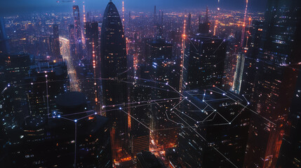 Obraz premium Smart digital Innovation city with connection network reciprocity over the cityscape. of future smart wireless digital city and social media networking systems that connects people with in city