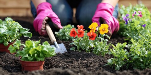 Fototapeta premium A family planting flowers together in their garden with tools and gloves.