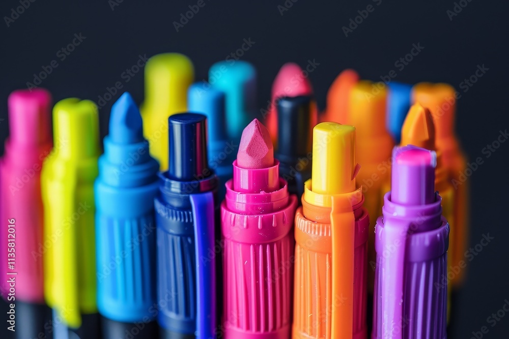 Poster a close-up shot of a collection of colorful markers and highlighters arranged in a row, showcasing t
