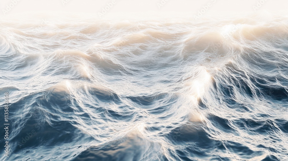 Poster a dynamic water surface with soft waves and bright highlights, creating a refreshing look, isolated 