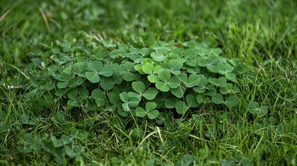 A group of clovers in a grassy field, with one lucky four-leaf clover standing out among them.