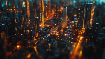 Fototapeta premium Smart digital Innovation city with connection network reciprocity over the cityscape. of future smart wireless digital city and social media networking systems that connects people with in city