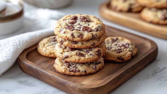 Deliciously baked chocolate chip cookies stacked on a wooden plate