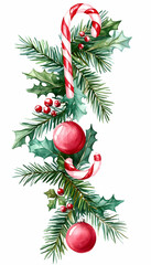 Watercolor Christmas garland with candy canes, ornaments, and holly.