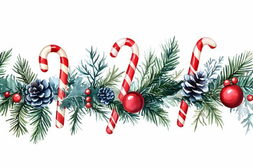 Watercolor Christmas garland with candy canes, pine cones, berries, and fir branches.