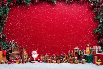 Charming Christmas Scene Featuring Santa Claus Surrounded by Festive Decorations, Gifts, and Snow Against a Vibrant Red Background for Holiday Celebrations