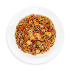 Udon noodles with chicken and vegetables, top view, on a white background, isolated.