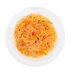 Funchoza noodles with carrots, top view, on a white background, isolated.