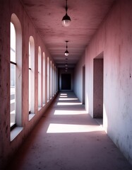 Long Corridor Pink Walls Sunlight Architectural Details Interior Design