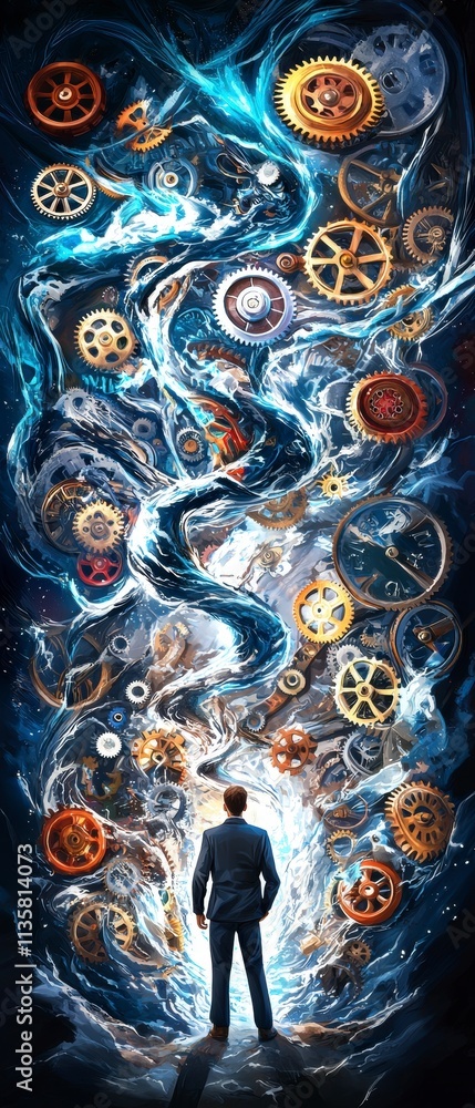 Poster man facing a vortex of gears and mechanisms.