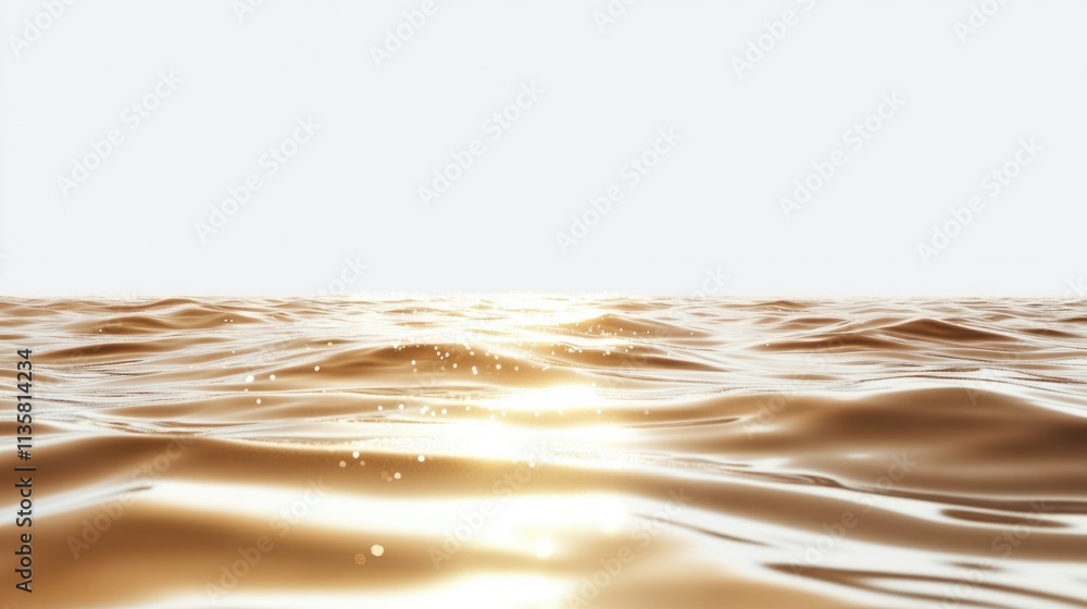 Poster a reflective water surface with natural wave patterns and gentle sunlight sparkles, isolated on a cl