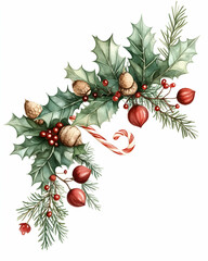 Watercolor Christmas holly, berries, and candy cane corner design.
