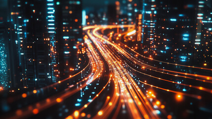 Fototapeta premium Smart digital Innovation city with connection network reciprocity over the cityscape. of future smart wireless digital city and social media networking systems that connects people with in city