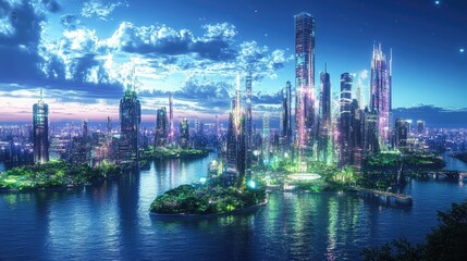 Fototapeta premium Futuristic Cityscape Illuminated at Night on Islands