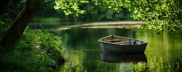 A serene scene featuring a small boat floating on calm waters, surrounded by lush greenery and reflecting nature's tranquility.