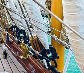 Ropes stretched across the masts of an old ship