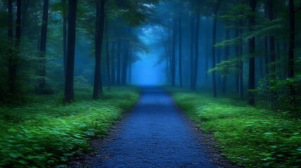 Mystical blue forest path at dawn.