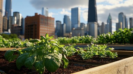 Fototapeta premium A rooftop garden with lush green plants set against a backdrop of skyscrapers and a bright sky, symbolizing urban agriculture and sustainability.