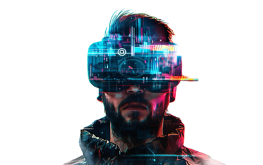 Intricate Cyberpunk Hacker Portrait on transparent background PNG.