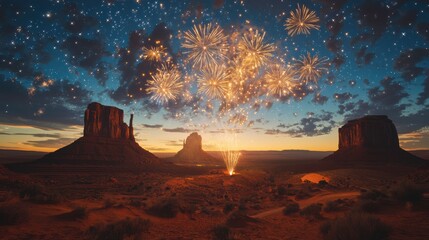 Monument Valley Fireworks: A breathtaking spectacle of fireworks erupting against the iconic Monument Valley landscape, with the starry night sky adding a touch of magic to the scene. 